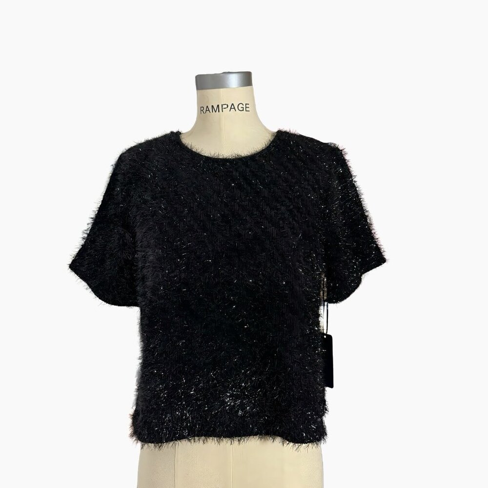 NWT Rachel Roy Women’s Black Tinsel Metallic Short Sleeve Sweater Sz M